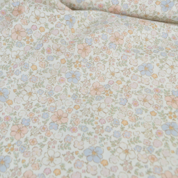 Tissu popeline Théophile fleurs roses et bleues fond blanc cassé