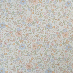 Tissu popeline Théophile fleurs roses et bleues fond blanc cassé