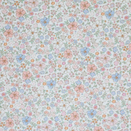 Tissu popeline Théophile fleurs roses et bleues fond blanc cassé