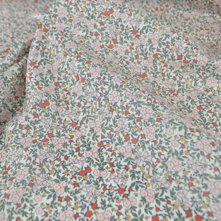 Voile de coton BIO motif fleurs vertes et roses -  oeko tex