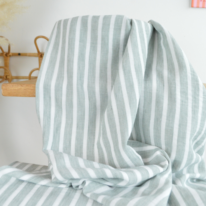 Tissu aspect Lin à rayures - Sauge et blanc