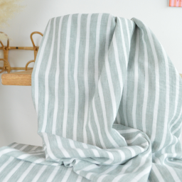 Tissu aspect Lin à rayures - Sauge et blanc