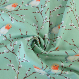Tissu cretonne coton motif rouge-gorge fond vert - OEKO TEX
