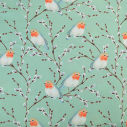 Tissu cretonne coton motif rouge-gorge fond vert - OEKO TEX