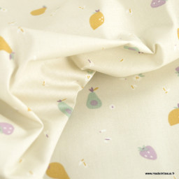 1 coupon de 140 cm de Tissu cretonne coton Tifruit motifs fruits fond lin - OEKO TEX
