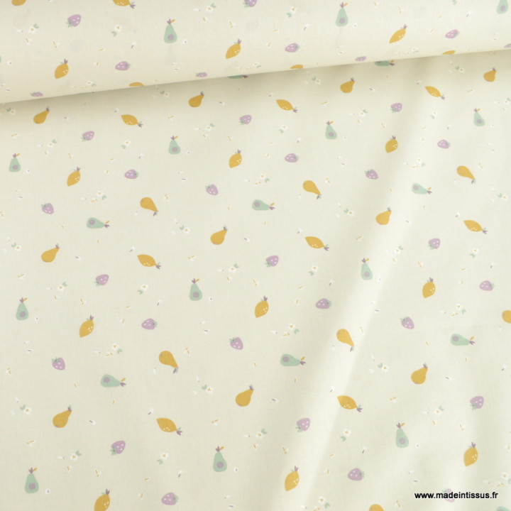 Tissu cretonne coton Tifruit motifs fruits fond lin - oeko tex