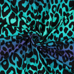 1 coupon de 65 cm de Tissu Sweat French Terry Motif Léopard – Dégradé Bleu Turquoise & Violet