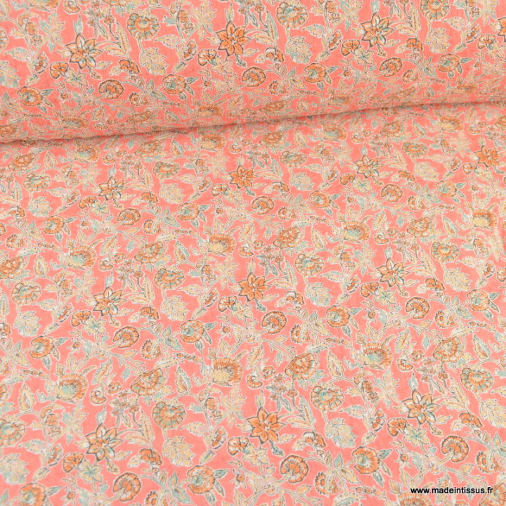 1 coupon de 1m de Voile de coton motif fleurs indiennes fond rose - OEKO TEX