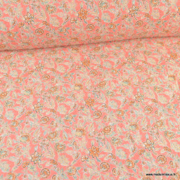 1 coupon de 1m de Voile de coton motif fleurs indiennes fond rose - OEKO TEX