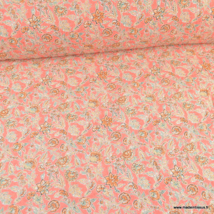 1 coupon de 1m de Voile de coton motif fleurs indiennes fond rose - OEKO TEX