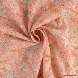 1 coupon de 1m de Voile de coton motif fleurs indiennes fond rose - OEKO TEX