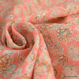 1 coupon de 1m de Voile de coton motif fleurs indiennes fond rose - OEKO TEX