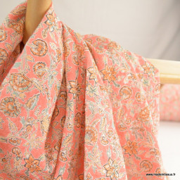 1 coupon de 1m de Voile de coton motif fleurs indiennes fond rose - OEKO TEX