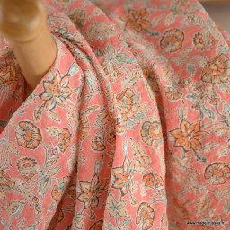 1 coupon de 1m de Voile de coton motif fleurs indiennes fond rose - OEKO TEX