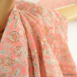 Voile de coton élasthanne motif fleurs indiennes fond rose