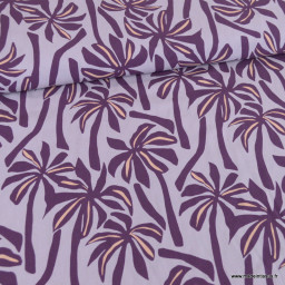 1 coupon de 110 cm de Tissu Viscose motif palmiers exotiques fond purple