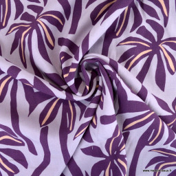 1 coupon de 110 cm de Tissu Viscose motif palmiers exotiques fond purple