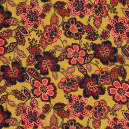 Tissu Satin peau de pêche motif fleurs fond ocre