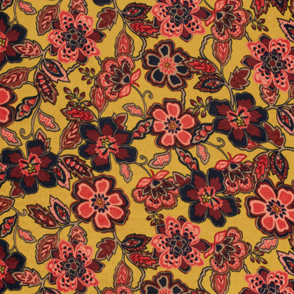Tissu Satin peau de pêche motif fleurs fond ocre