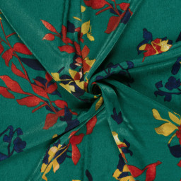 1 coupon de 50 cm de Tissu Satin peau de pêche motif fleurs fond vert éclatant