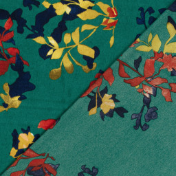 1 coupon de 50 cm de Tissu Satin peau de pêche motif fleurs fond vert éclatant