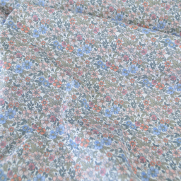 Tissu coton Natura motif petites fleurs vertes, corail et bleu