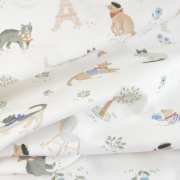 1 coupon de 54cm -Tissu popeline de coton motif chats et fleurs fond blanc - Vive la France
