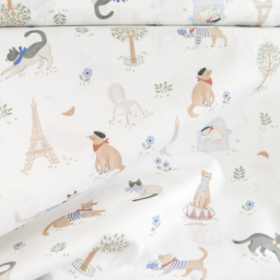 1 coupon de 54cm -Tissu popeline de coton motif chats et fleurs fond blanc - Vive la France