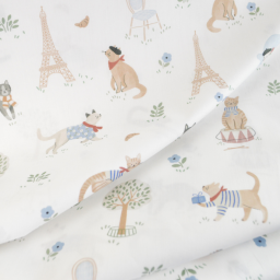1 coupon de 54cm -Tissu popeline de coton motif chats et fleurs fond blanc - Vive la France