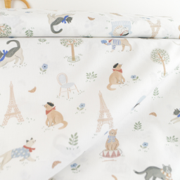 Tissu popeline de coton motif chats et fleurs fond blanc - Vive la France