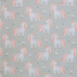1 coupon de 90 cm de Double gaze motif Licornes fond vert de gris