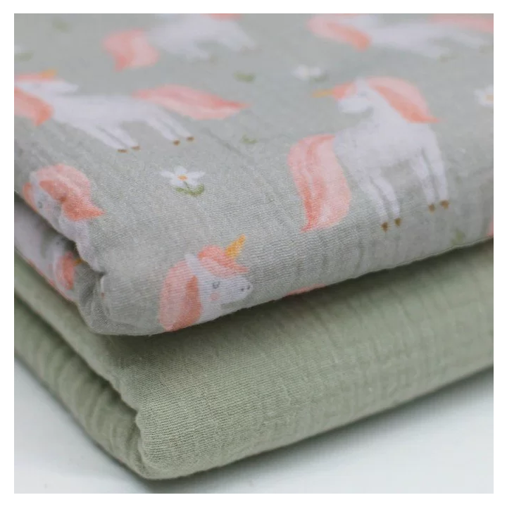 Double gaze motif Licornes fond vert de gris