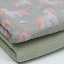 Double gaze motif Licornes fond vert de gris
