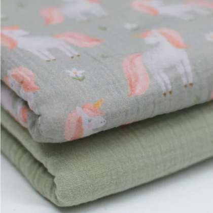 Double gaze motif Licornes fond vert de gris