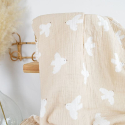 Tissu double gaze motif oiseaux blancs fond beige - OEKO TEX