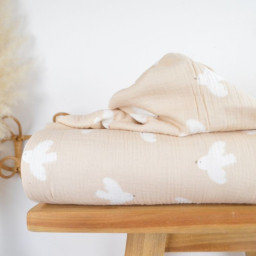 Tissu double gaze motif oiseaux blancs fond beige - OEKO TEX
