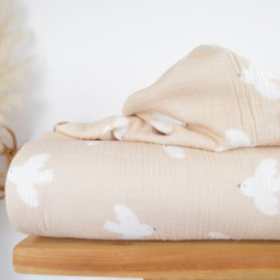 Tissu double gaze motif oiseaux blancs fond beige - OEKO TEX