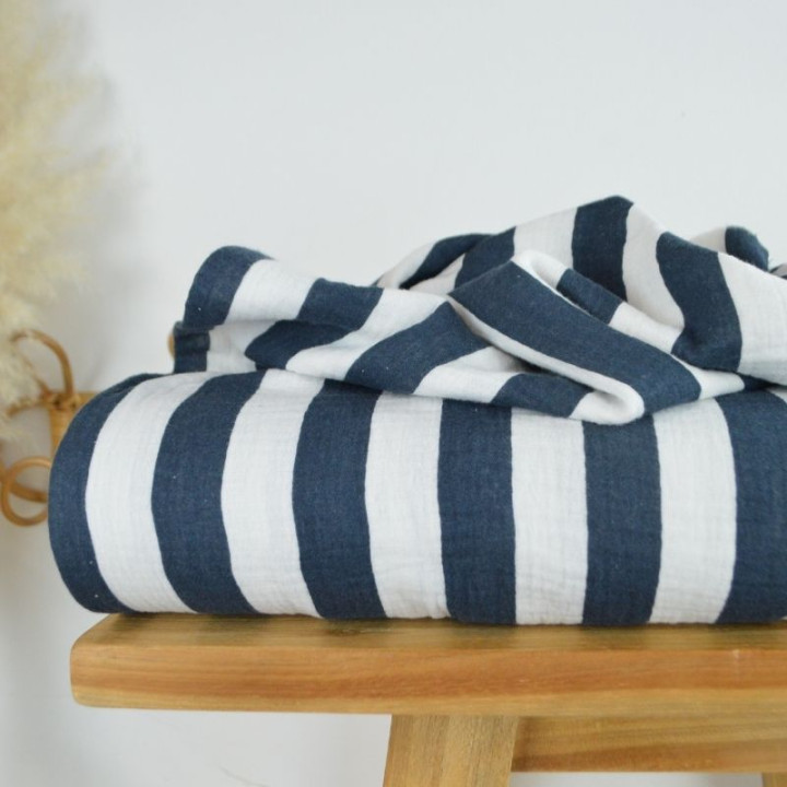 Tissu double gaze motif rayures bleu marine et blanc - OEKO TEX