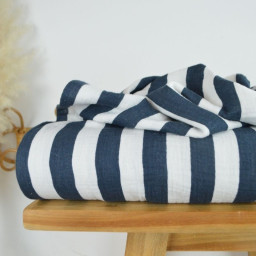 Tissu double gaze motif rayures bleu marine et blanc - OEKO TEX