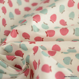 1 coupon de 55 cm de Tissu coton Enduit motif petites pommes fond blanc