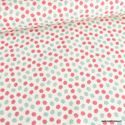 Tissu coton Enduit motif petites pommes fond blanc