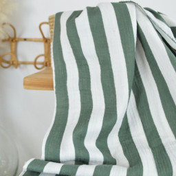 Tissu double gaze motif rayures vert kaki et blanc - OEKO TEX