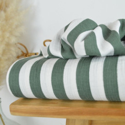 Tissu double gaze motif rayures vert kaki et blanc - OEKO TEX