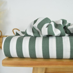 Tissu double gaze motif rayures vert kaki et blanc - OEKO TEX
