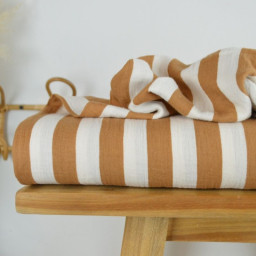 Tissu double gaze motif rayures Camel et blanc - OEKO TEX