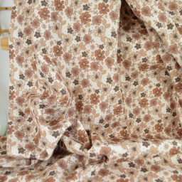 Tissu popeline Léonce fleurs caramel et beige fond écru