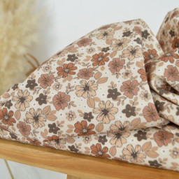 Tissu popeline Léonce fleurs caramel et beige fond écru
