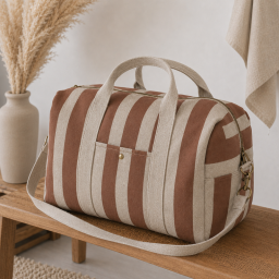 Tissu demi natté coton rayures larges Camel et Lin