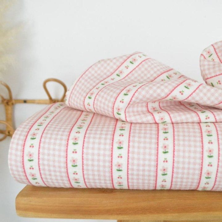 Tissu double gaze Vichy et rayures de fleurs Rose - OEKO TEX