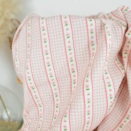 Tissu double gaze Vichy et rayures de fleurs Rose - OEKO TEX